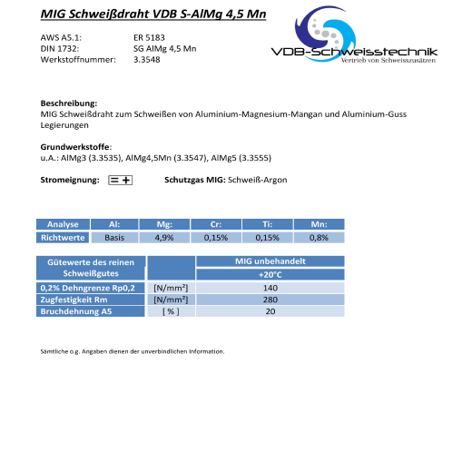 VDB S-ALMG-4.5-Mn Aluminium MIG Schweißdraht 0,8 mm - D100 - 0,5 Kg
