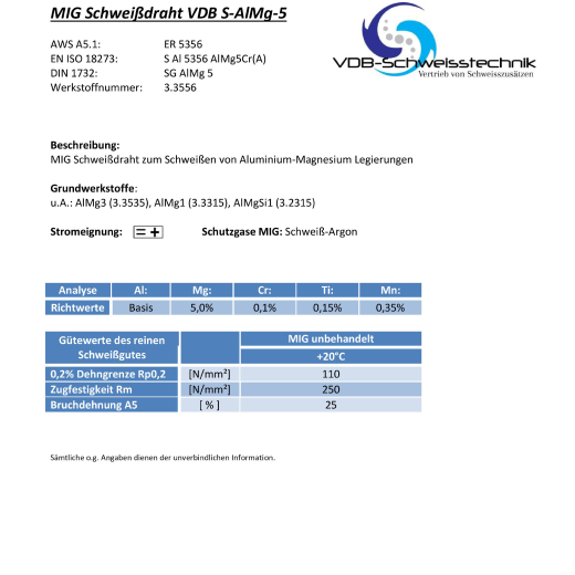VDB S-ALMG-5 Aluminium MIG Schweißdraht 1,0 mm - D100 - 0,5 Kg