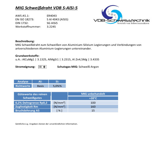 VDB S-ALSI-5 Aluminium MIG Schweißdraht 0,8 mm - D200 - 2,0 Kg