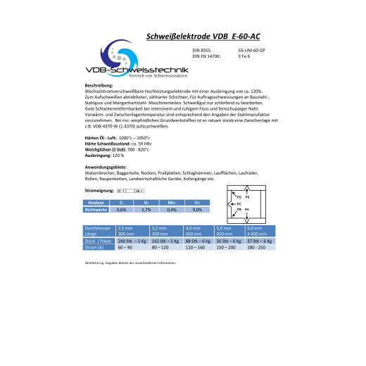 VDB E-60 AC ( E Fe 6 ) Schweißelektroden Hartauftragung - 3,2 x 350mm - 5,0 Kg